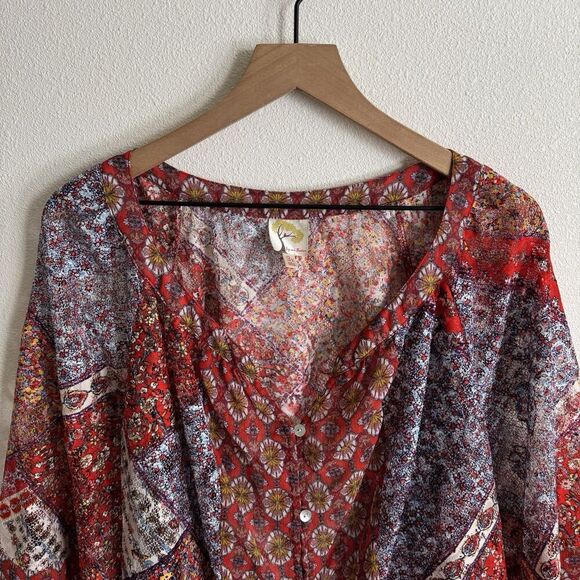 Fig and Flower Top Womens 3X Plus Floral Sheer Button Up Tunic Boho Tropical - Picture 2 of 16